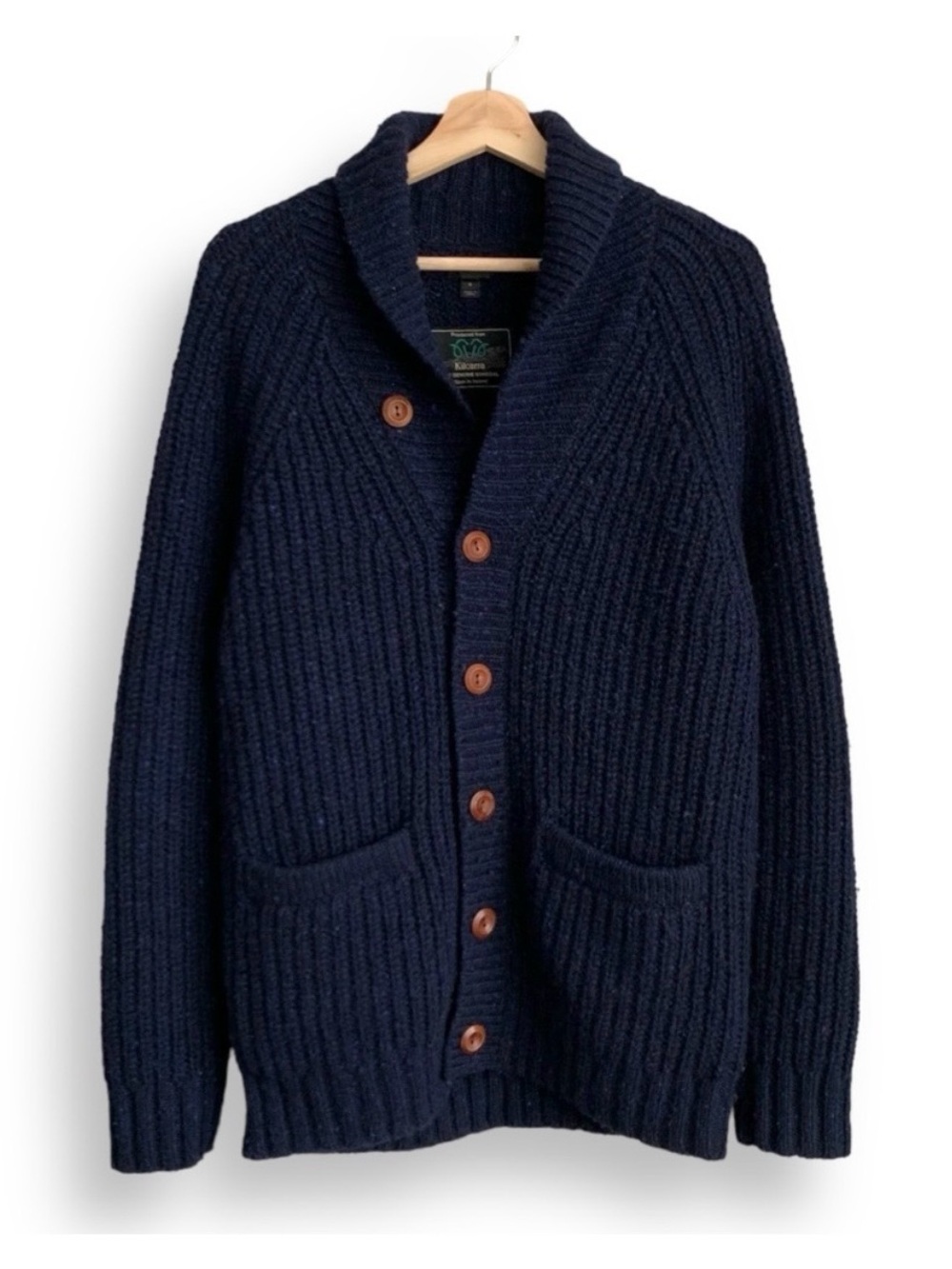 J. Crew Wool Cardigan Small Sweater Shawl Collar Donegal Wool Navy Blue